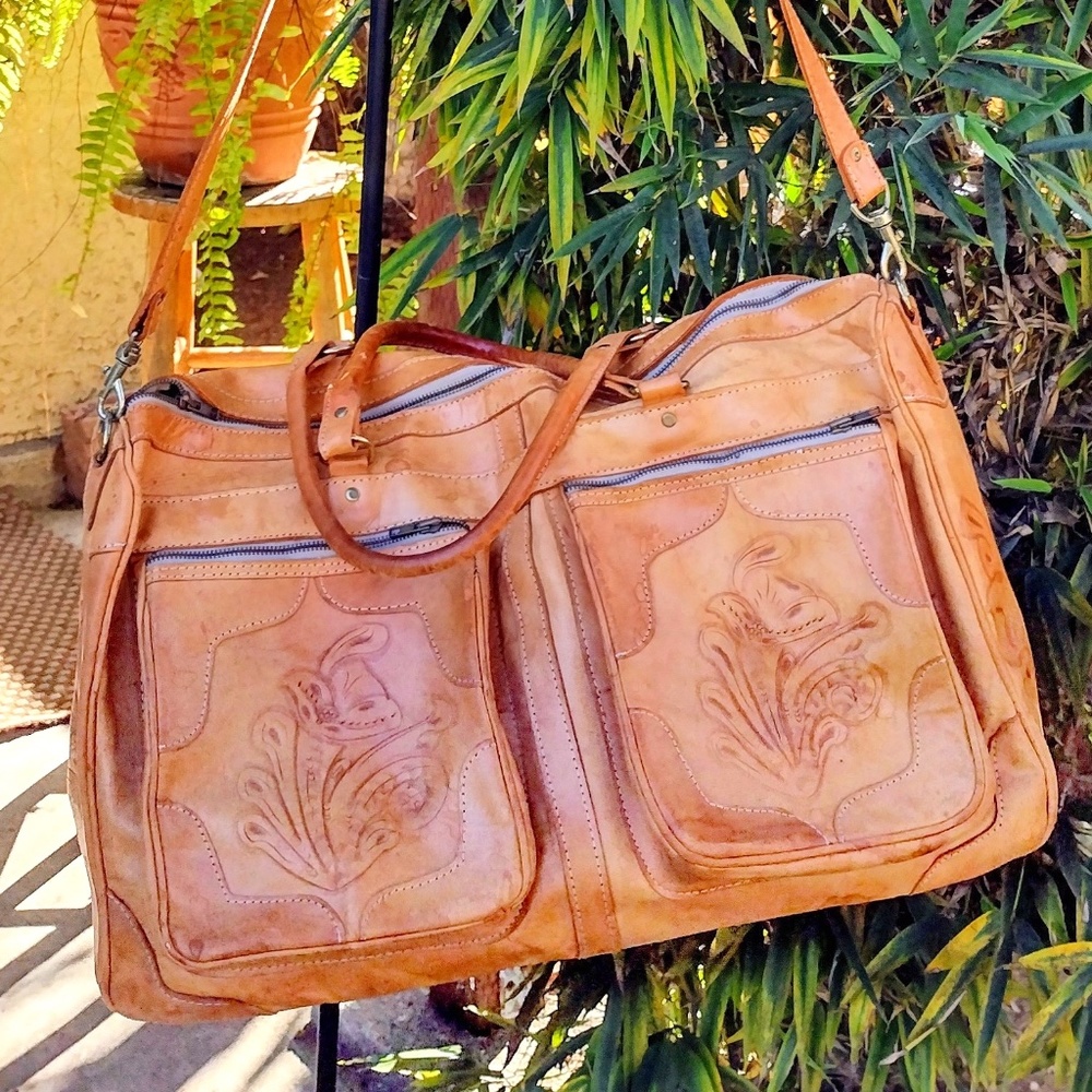 Boho Vintage Seventies Tooled Leather Large Duffle Travel Bag / Well Worn / Prop